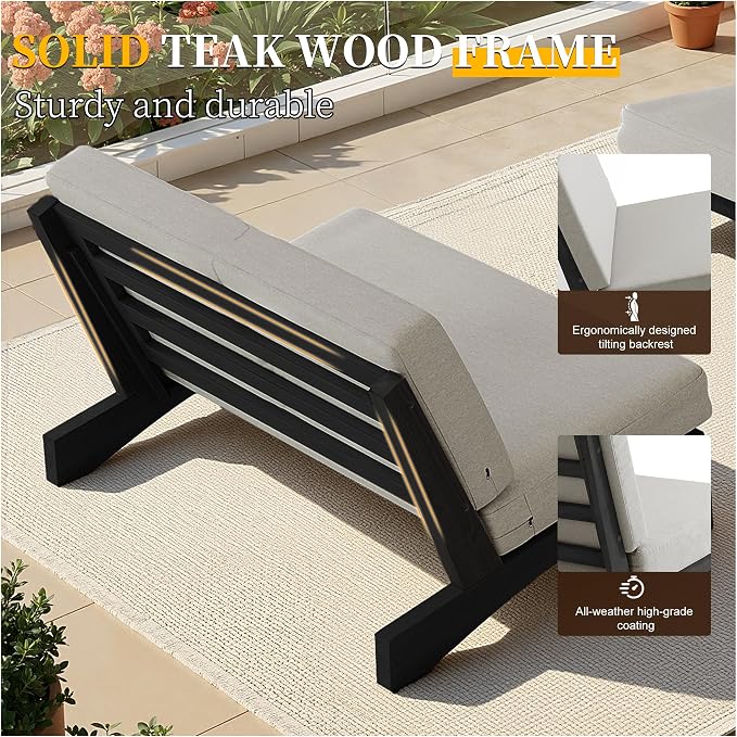 Outdoor Furniture Patio Couch, Weather Resistant Patio Loveseat Sofa Couch with Removable Cushion, Black Wood Frame for Porch & Backyard Seating - Light Camel