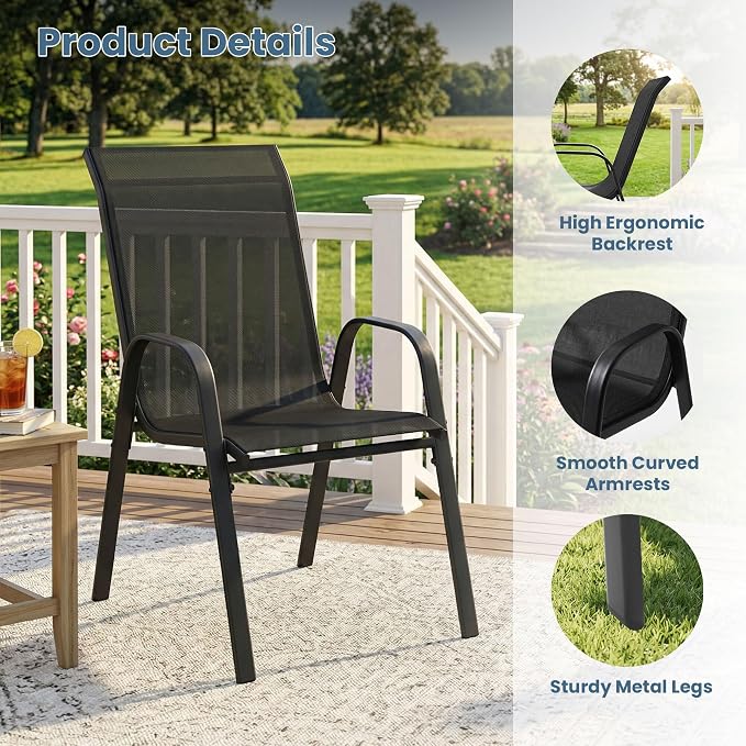 DIFY 5 Piece Outdoor Dining Set, 38" Black Square Metal Patio Table and Dark Grey Textilene Stackable Chairs for 4, All Weather Patio Furniture Set with Umbrella Hole for Backyard Garden Deck