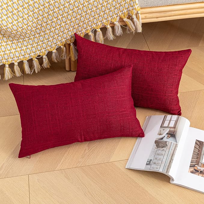 Kevin Textile Outdoor Waterproof 14”x24” Lumbar Pillow Covers 2 Pack, Red | Water Resistant, Soft Faux Linen-cotton Yarn-dyed Woven Texture Throw Pillow Covers for Tent Patio Garden Couch Sofa