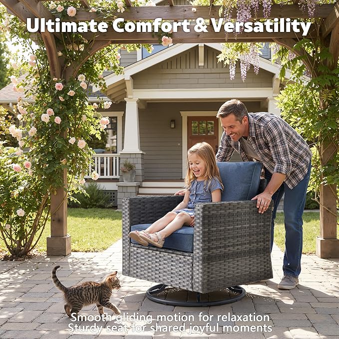 CAODOC 7-Piece Outdoor Wicker Patio Set with 7 Seats, Including 53" Fire Pit - Swivel Rocker Chairs and Conversation Set for Backyard or Lawn, Gray Rattan with Waterproof Blue Cushions
