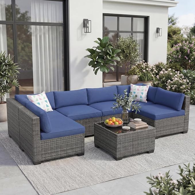 7-Piece Outdoor Rattan Sectional Sofa Set with Coffee Table – Gray Ombré Wicker & Navy Blue Cushions
