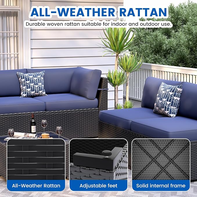 Patio Furniture Sets, 7-Piece Outdoor Patio Furniture with Thick Cushions,Coffee Table Outdoor All-Weather Conversation Set Sectional Sofa for Backyard, Poolside, Garden(Navy Blue)