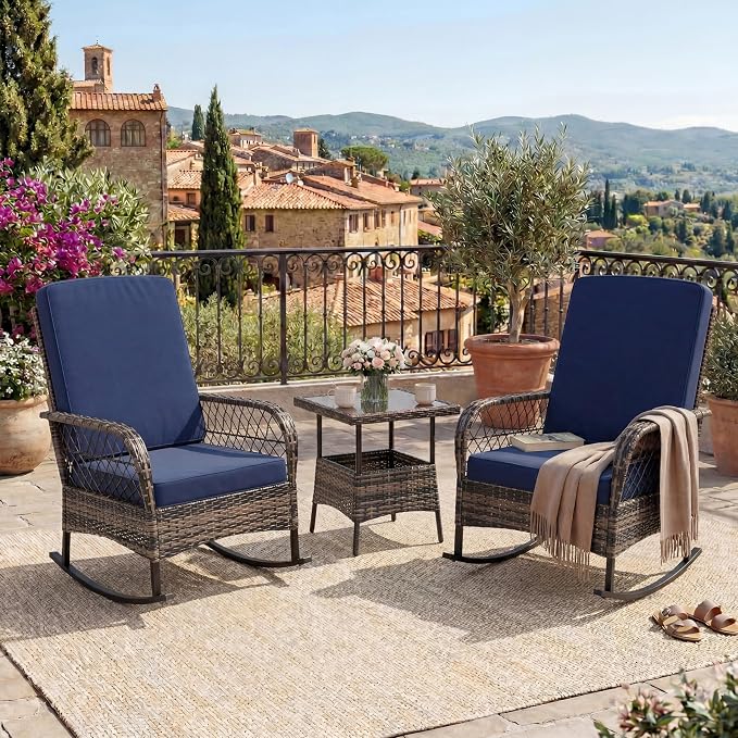 IDEALHOUSE 3 Piece Wicker Patio Rocking Chair Set, Outdoor Rattan Conversation Set with Coffee Table & Blue Cushions, All-Weather Bistro Furniture for Porch Garden and Balcony