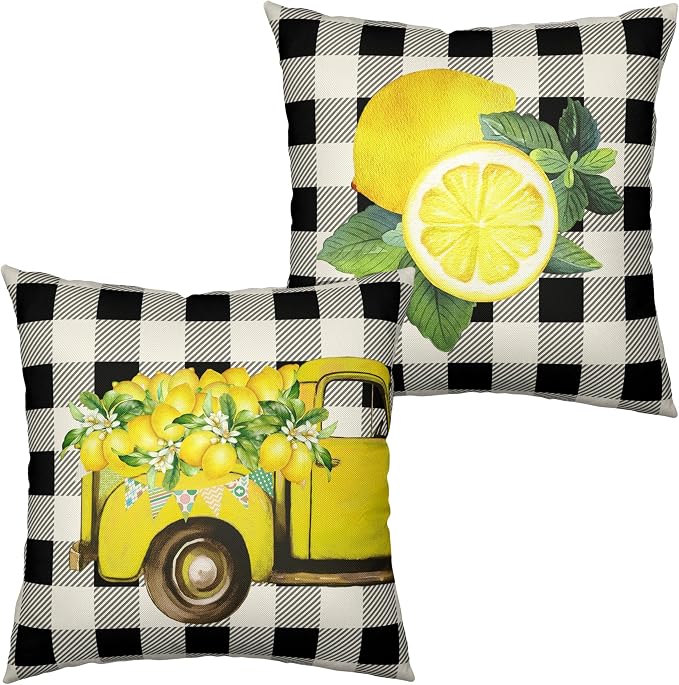 Summer Lemon Pillow Covers Yellow Truck Lemon Blossom Throw Pillow Covers for Living Room Farmhouse Patio Car Black Buffalo Plaid Cushion Case 24x24 Set of 2