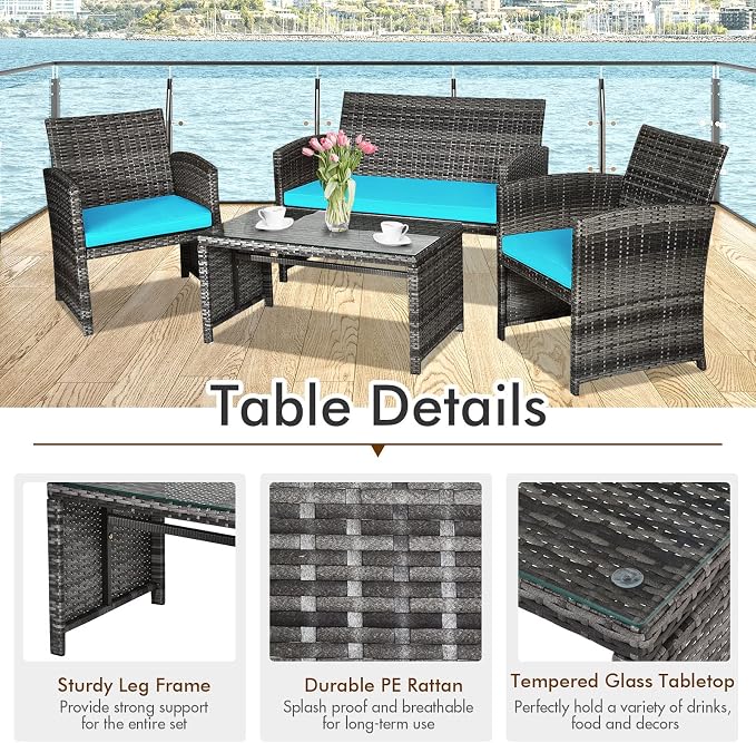 Outdoor Conversation Set, 8 Pieces Wicker Patio Furniture Set with Ergonomic Curved Design, Water-Resistant Cushion & Tempered Glass Table for Porch,Balcony(Turquoise)