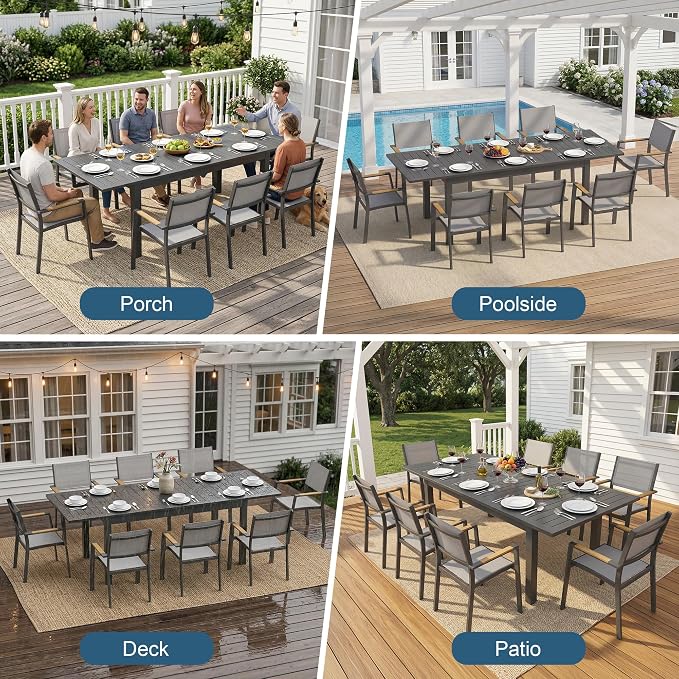 RoyalCraft Aluminum Outdoor Patio Table and Chairs Set with 91.7" L-62 L Expandable Dining Table, 9-Pieces Patio Furniture Set for 8, Outdoor Dining Set with Stackable Quick Drying Chairs, Grey