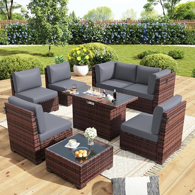 Outdoor Patio Furniture Set with 44" Fire Pit Table 8 Pieces Rattan Patio Sectional Sofa Conversation Set w/55000 BTU Propane Gas Fire Pit, Coffee Table, 2 Waterproof Covers, Grey