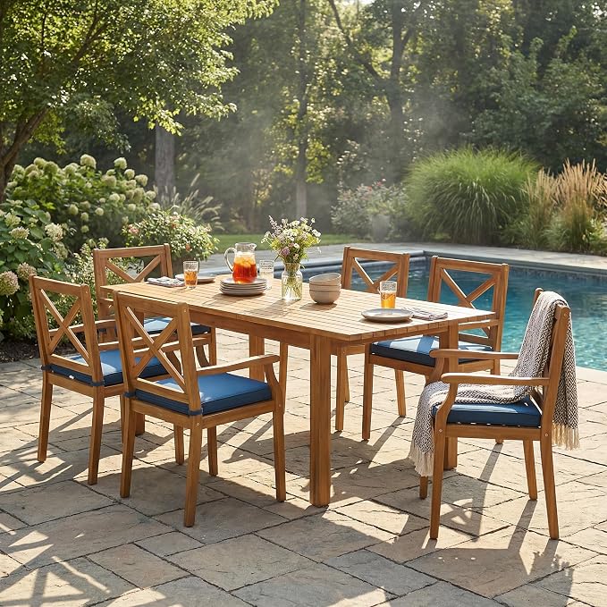 7-Piece Outdoor Patio Expandable Dining Table Set, All-Weather Acacia Wood Dinning Set with 6 Armchair and Cushions for Garden Backyard Balcony Deck Poolside (Blue Cushions+Teak)