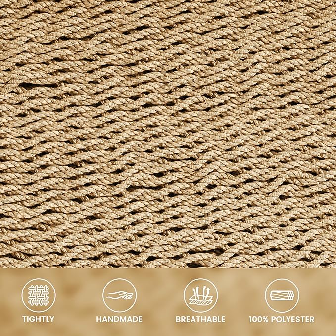 Lazy Daze Hammocks 10.5 FT Double 2 Person Caribbean Rope Hammock, Hand Woven Polyester Hammock with Spreader Bars, for Outside Outdoor Backyard Patio Poolside, 450 LBS Capacity, Tan