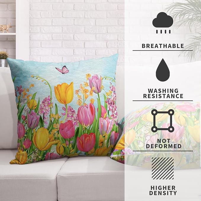 Tulip Pillow Covers 22x22 Set of 2 Spring Throw Pillow Covers Pink Yellow Tulip Floral Outdoor Pillowcase Watercolor Cotton Linen Cushion Case for Sofa Outdoor Patio