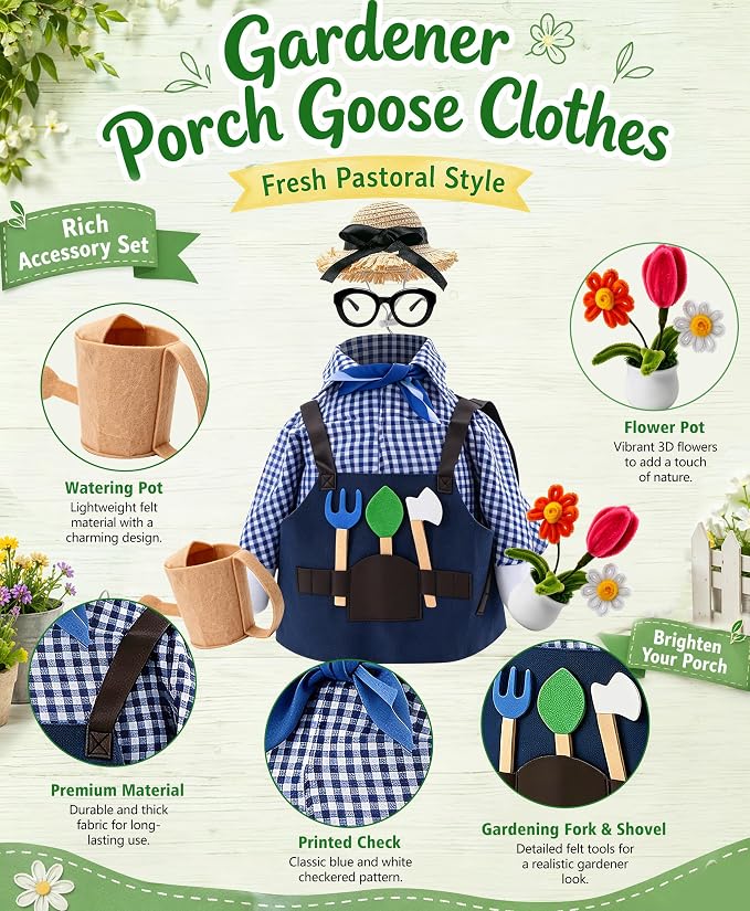 SIQUK Gardener Porch Goose Outfit Porch Goose Clothes Fit 23'' Geese Statue | Porch Goose Costume, With Hat Glasses Scarf Tools Watering Can Flower Pot, For Spring Summer Garden Yard Lawn Decor