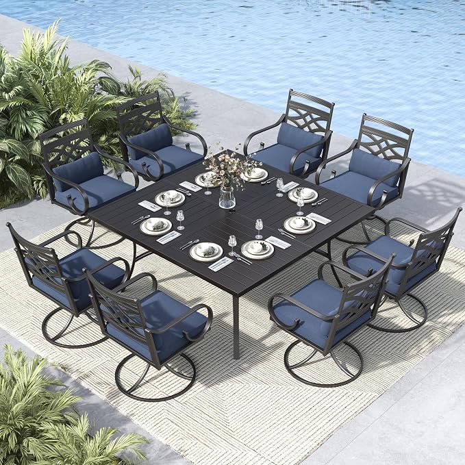 MFSTUDIO 9-Piece Patio Dining Set, 57.5" Square Metal Table, Swivel Chairs | Umbrella Hole, Blue