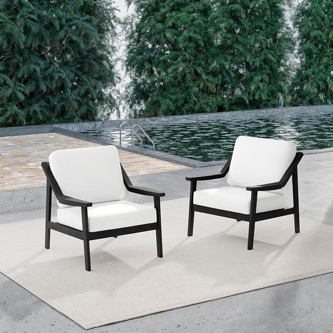 Outdoor Patio Furniture Set, 2 Piece Outdoor Patio Sofa Armchairs with Washable Thick Cushions, All-Weather Solid Wood Patio Bistro Set for Porch, Balcony, Black Frame & Beige Cushion