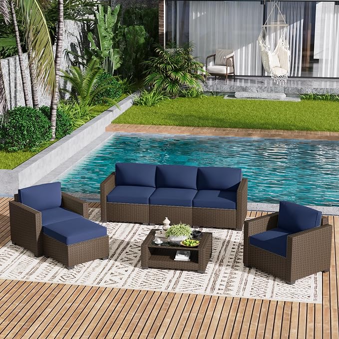 LOUVIXA 7 Piece Outdoor Patio Furniture Set, Rattan Chairs Glass Table Wicker Conversation Seating Sectional Sofa with Cushions (Brown-Navy, 7Pcs-2 Layer Coffee Table)