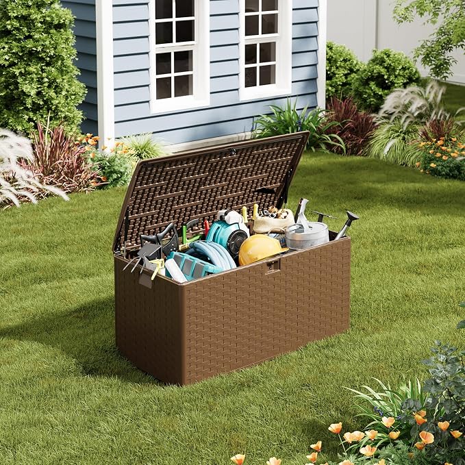 99 Gallon Outdoor Deck Box, Lockable Waterproof Outdoor Resin Box with Lid, Patio Storage Bin for Patio Furniture, Garden Tools, Pool Accessories - Brown