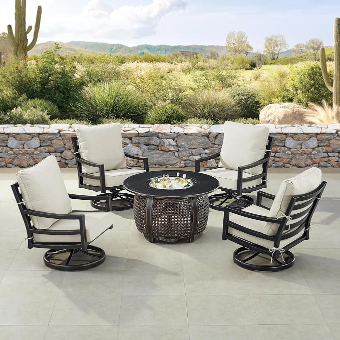 Oakland Living Black Aluminum Patio Fire Table Set with Four Club Chairs with Light Grey Cushions