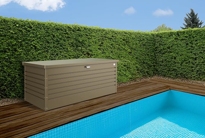 Biohort LeisureTime 210 Gallon Metal Deck Box, Bronze | 71 L x 31 W x 27.9 H, Durable Large Outdoor Storage, Locking, Waterproof, Soft Close, Tools, Cushions, Pool, 20 Year Warranty