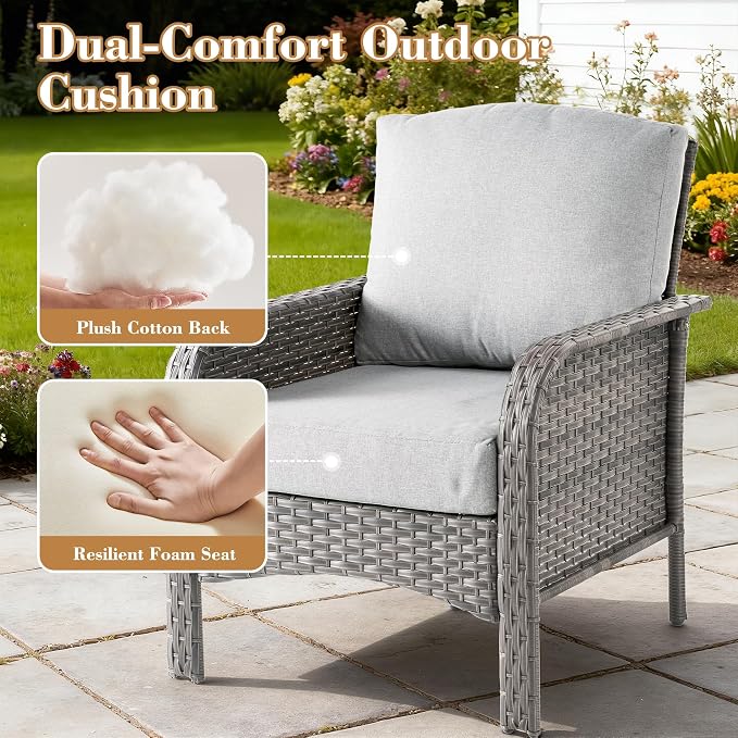 4 Pieces Patio Furniture Set, Small Outdoor Patio Set with Coffee Table, All-Weather Rattan Wicker High Back Conversation Set Loveseat with Chairs for Porch, Backyard, Balcony, Grey