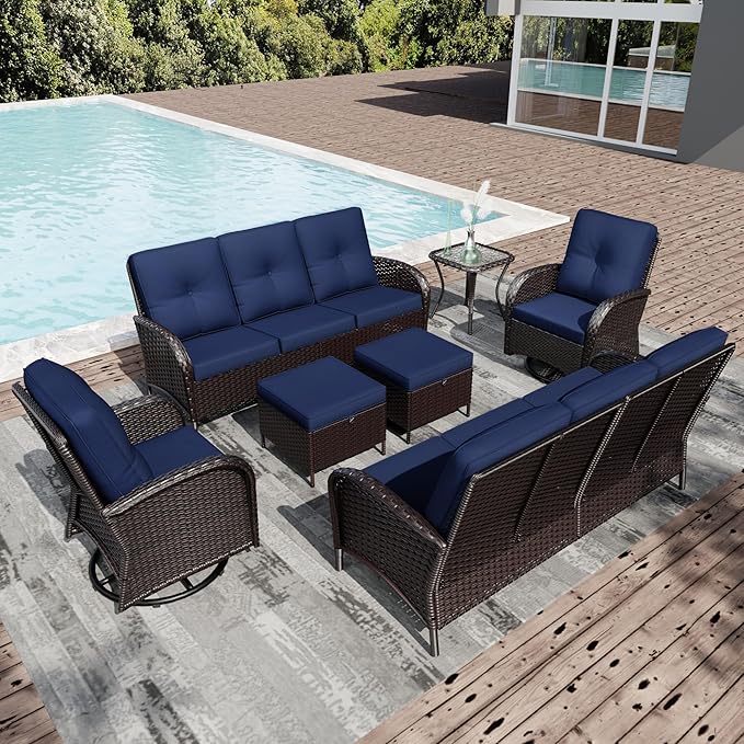 Joyside Wicker Patio Furniture Set, 7 Piece Outdoor Furniture Set with Thickened Cushions, High Back, Deep Seating, Wide Armrest, Outdoor Swivel Rocker Chairs for Porch, Deck