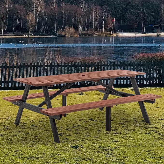 75'' Rectangular Outdoor Dining Table Wooden Patio Dining Table & 2 Built-in Bench for 8, 2" Umbrella Hole, Suitable for Picnic Backyard Garden Porch, Wood Brown