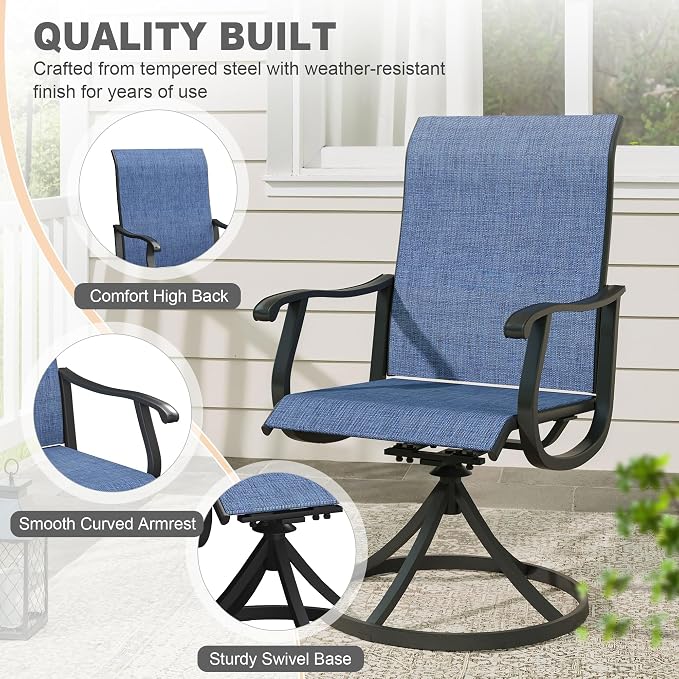 VICLLAX Patio 9 Pieces Outdoor Dining Set, 60" Round Metal Table with Umbrella Hole and 8 Swivel Textilene Chairs for Lawn, Garden, Porch, Black/Dark Blue