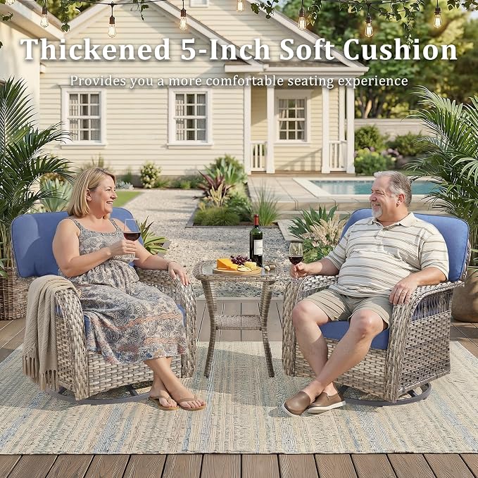 Patio Furniture Sets, 6 PCS Wicker Outdoor Furniture with Patio Sidetables - Patio Swivel Rocking Chairs and Rattan Side Table for Garden, Porch, Backyard, Blue/Gray Wicker
