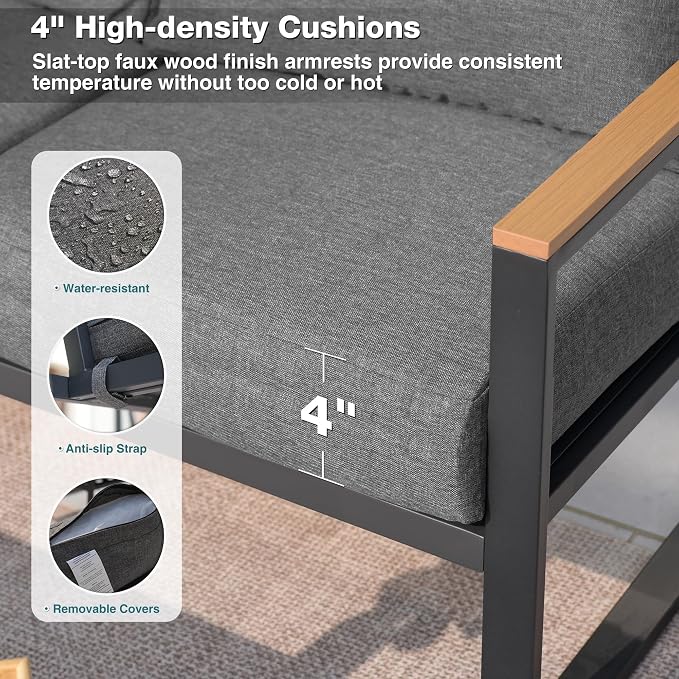 Patio Furniture Set, 4 Pieces Outdoor Patio Furniture with Coffee Table Set, Metal Patio Conversation Sets with Washable and High-Resiliency Sponge Cushions,Upgarded Grey