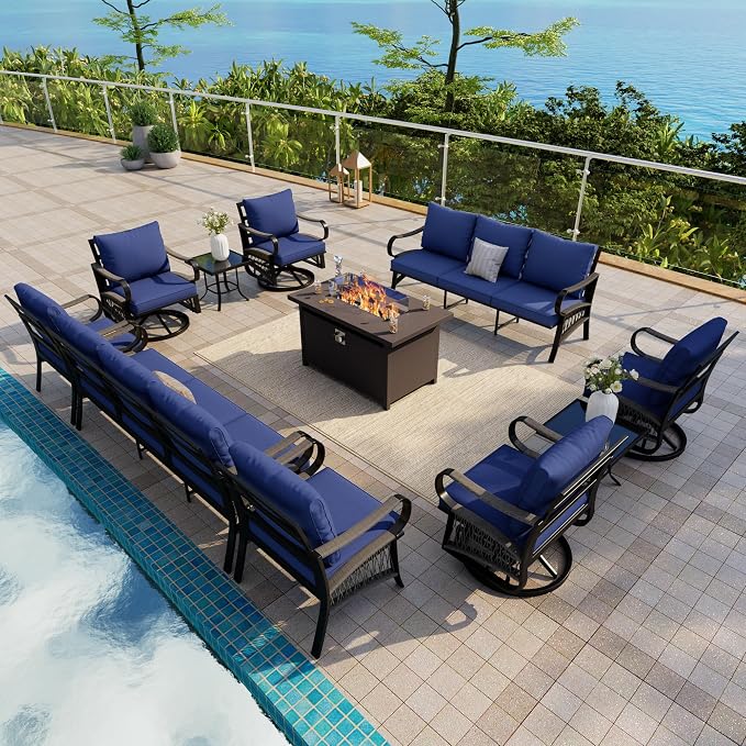 11-Piece Outdoor Furniture Set, Metal Swivel Rocking Chairs with All-Weather Cushions, Patio Conversation Set with Fire Pit Table for Deck, Porch, Garden, Backyard, Poolside (Blue Cushions)
