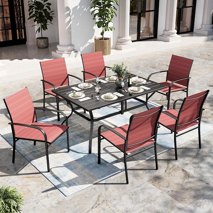SUNSHINE VALLEY 7 Piece Patio Dining Set for 6, Rectangular Metal Dining Table with Umbrella Hole and 6 Chairs, Outdoor Table and Chairs Set for Lawn Backyard and Deck, Red