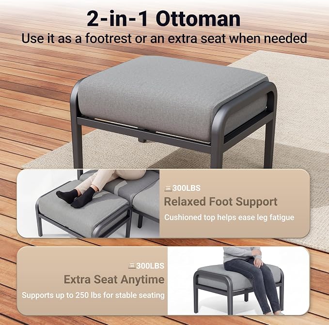 Aluminum Outdoor Patio Furniture Set, 5-Piece Outdoor Sofa with 5.1" Thick Cushions, Outdoor Couch with Ottomans, for Balcony, Porch, Gray