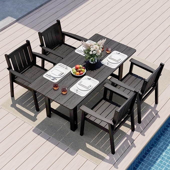 Pamapic 5-Piece Outdoor Dining Set, HDPE Outdoor Rectangular Table and 4 Chairs, Wood Grain Patio Furniture Sets with Armrest, All-Weather Patio Dining Table with Umbrella Hole, Black