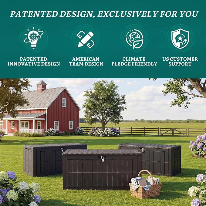 YITAHOME 110 Gallon Outdoor Deck Box, Waterproof Resin Storage Box with Lock, Lockable Patio Furniture Bin, 2-Person Bench Seating for Outdoor Cushions, Garden Tools & Sports/Pool Supplies, Dark Gray