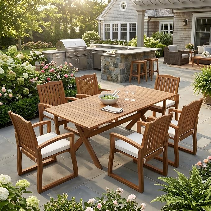 VilroCaz 7 Pieces Acacia Wood Outdoor Dining Set, All-Weather Extendable Table Large Table and 6 Armchairs for Lawn Backyard Garden Deck Poolside (Teak-NG)