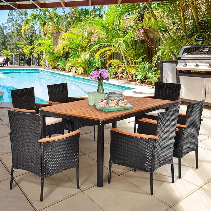 7 Pieces Patio Dining Set Outdoor Dining Set with Umbrella Hole, Wicker Patio Furniture Set with Acacia Wood Table and Chairs, Garden Dining Table Set for Backyard, Desk, Poolside (Brown)