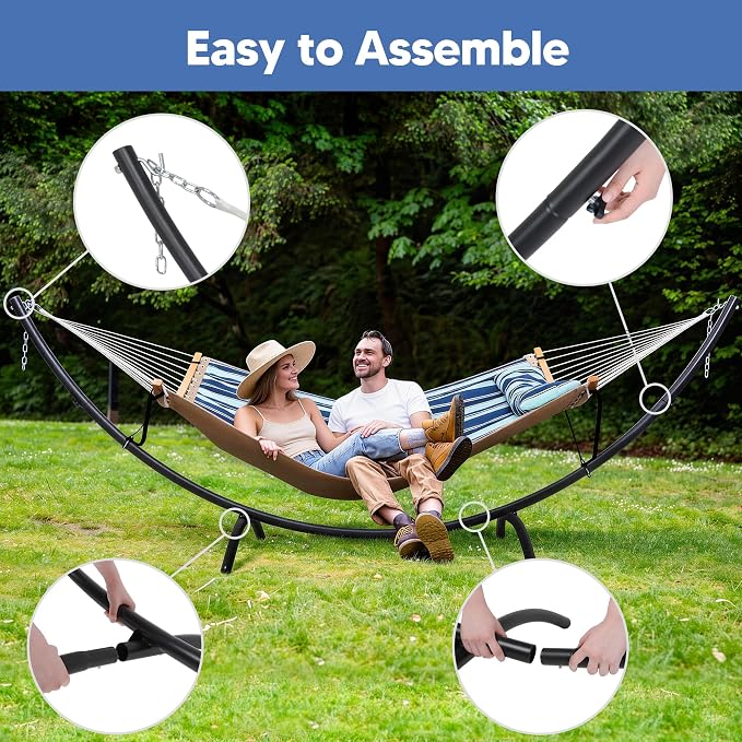 SUNCREAT Portable Outdoor Hammock with Stand, Double Hammock with Stand for Outside, Patent Pending, Blue & White