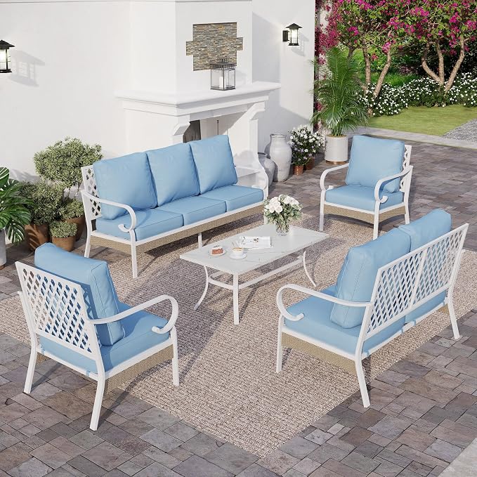 SUNSHINE VALLEY 6 Piece Metal Outdoor Patio Furniture Set, Patio Conversation Sets 3-Seater Sofa, 2 Fixed Chair, 2 Swivel Chair with 5.75" Thick Cushion & Coffee Table White Backyard Furniture, Blue