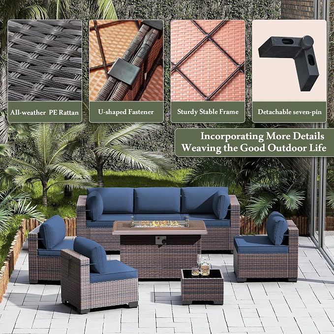 10 Pieces Outdoor Patio Furniture Set,Outdoor Sectional Furniture with 43" 55000 BTU Gas Propane Fire Pit Table,All Weather PE Rattan Wicker Patio Conversation Set,Navy Blue