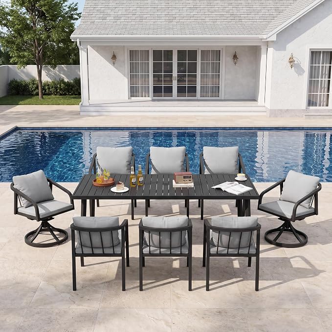 Outdoor Dining Set,9-Piece Patio Dining Table Set for 8 with Rectangular Table and 6 Thick Cushion Dining Chair & Swivel Chair, Aluminum Patio Furniture Set for Backyard, Garden (Black)