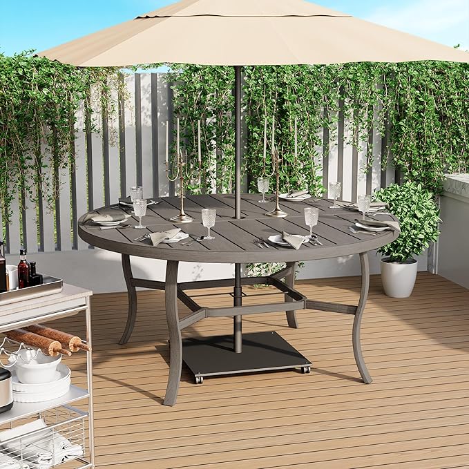 HAPPATIO Patio Dining Set, Aluminum Round Outdoor Dining Set for 8, 61" Round Table with Umbrella Hole and 8 Swivel Chairs, Outdoor Table and Chairs with Removable Cushion for Lawn Yard Patio