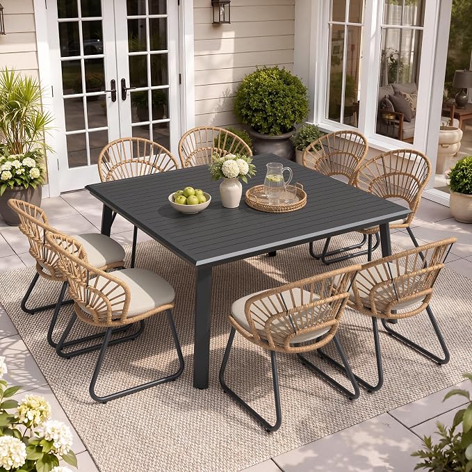 9 Piece Aluminum Square Patio Dining Set with Rattan Outdoor Chairs | 56.9" Large Outdoor Dining Table with Umbrella Hole, 8 Shell Shaped Rattan Patio Chairs with Beige Cushions for Garden Deck