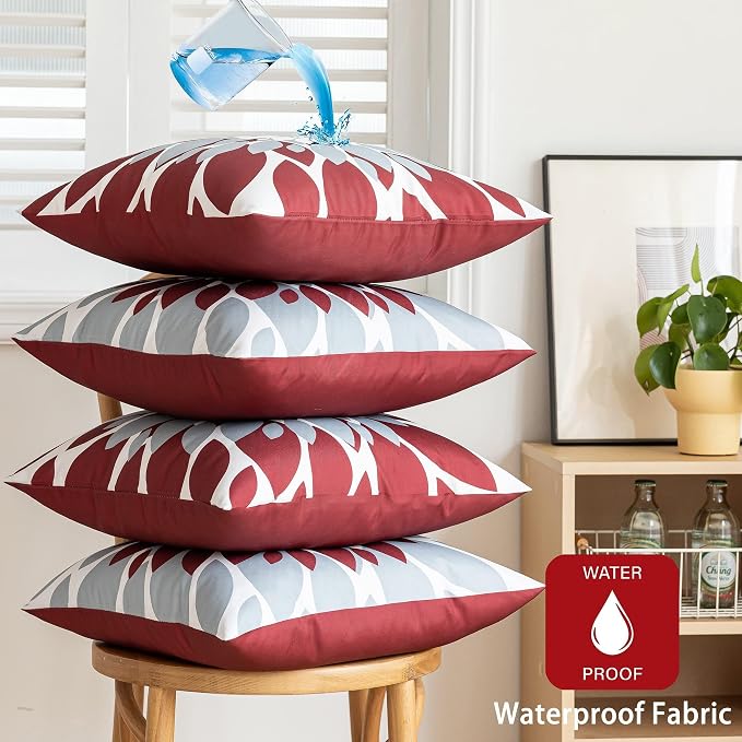 Pack of 4 Outdoor Waterproof Pillow Covers 16x16 Decorative Outdoor Throw Pillows Garden Square Cushion Cases for Patio Furniture, Couch, Tent Sunbrella, Bench, Burgundy Red Grey