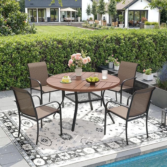 DIFY Patio Dining Set for 4, 5 Piece Outdoor Table and Chairs Set, 40.6" Walnut Round Metal Patio Dining Table and 4 Brown Textilene Stackable Patio Chairs, for Backyard Garden Poolside