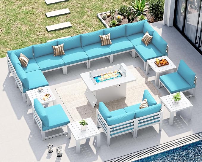 NICESOUL 17 Piece Extra Large Aluminum Outdoor Furniture Set with Fire Pit Table Propane/Gas, Rust-Proof Luxury Patio Sectional with Coffee Table, Comfortable Conversation Sofa for Outside Yard, Teal