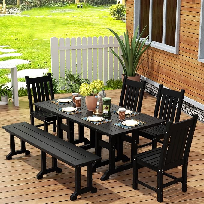 WestinTrends Malibu 6 Piece Outdoor Dining Set with Bench, All Weather Poly Lumber Patio Table and Chairs Set, 71" Trestle Dining Table with Umbrella Hole, 5 Patio Chairs with Bench, Black
