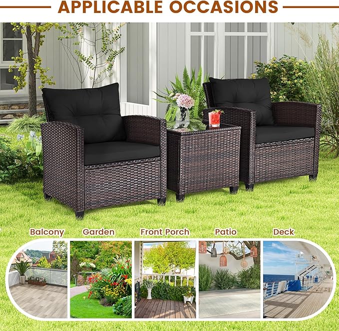 ORALNER 3 Pieces Patio Furniture Set, Outdoor Wicker Conversation Set Rattan Chairs with Cushions, Glass Coffee Table, Bistro Set for Front Porch Balcony Garden Deck Poolside (Black)