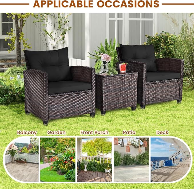 3-Pieces Patio Furniture Set, PE Wicker Chairs Sofa Set with Removable Cushions & Glass Top Side Table, Outdoor Wicker Rattan Conversation Chair for Porch,Backyard, Balcony (Black)