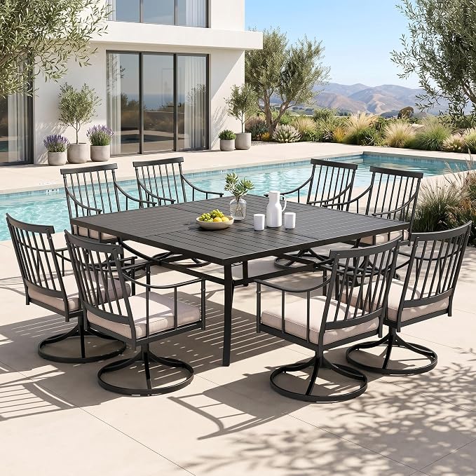 PHI VILLA 9 Piece, Outdoor Dining Table, 57.5"x57.5" Table | Wrought Iron, Swivel Chairs, Cushions, 2.0" Umbrella Hole, Weather-Resistant, 360° Swivel