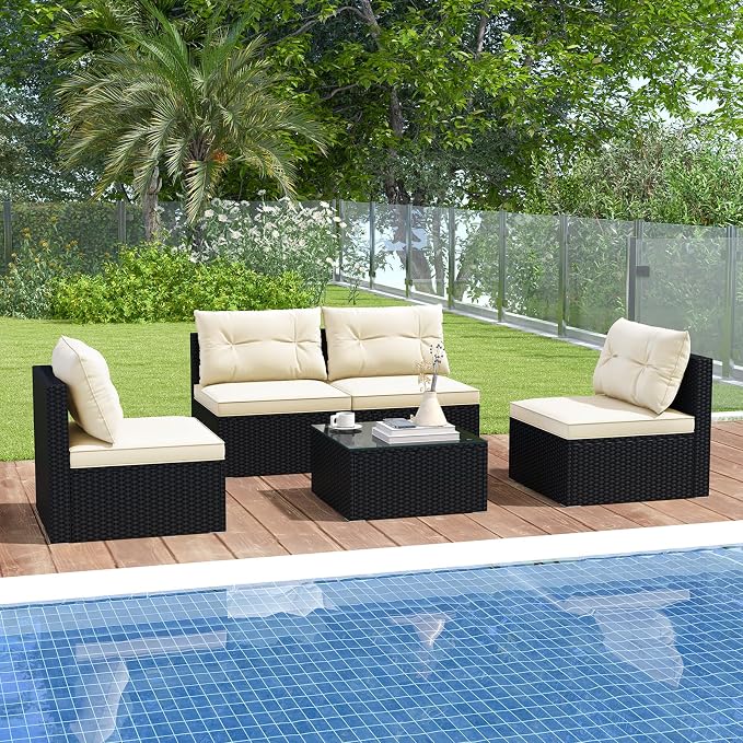 HAPPYGRILL 5 Pieces Patio Rattan Sofa Set, Outdoor Furniture Set with Seat & Back Cushions, Square Coffee Table with Tempered Glass Tabletop, Wicker Patio Conversation Set for Backyard, Poolside