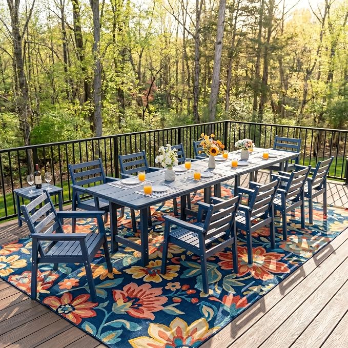 12-Piece Outdoor Dining Set, All-Weather HDPE Patio Furniture, Two 66.5" Slatted Table with 1.6" Umbrella Hole & 10 Ergonomic Armchairs, Heavy Duty 350lbs Capacity, UV Resistant, Blue