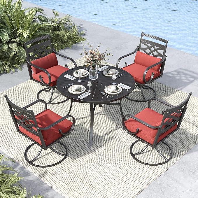 MFSTUDIO 5-Piece Patio Dining Set, 42" Round Metal Table, Swivel Chairs | Umbrella Hole, Red